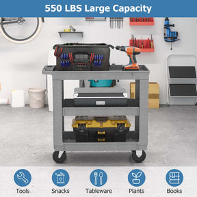 3-Tier PP Service Utility Cart Heavy-Duty Rolling Work Cart with 550 LBS Max Load and Adjustable Middle Shelf