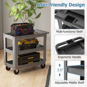 3-Tier PP Service Utility Cart Heavy-Duty Rolling Work Cart with 550 LBS Max Load and Adjustable Middle Shelf