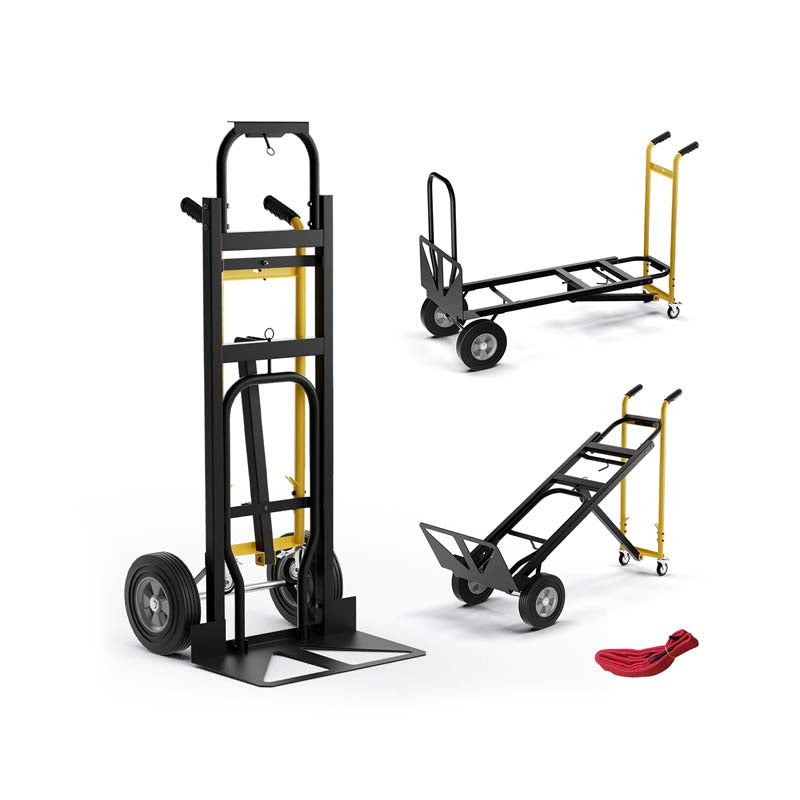 3-in-1 Convertible Hand Truck, 1000 LBS Heavy-Duty Metal Folding Dolly Cart with 4 Rubber Wheels & Safety Straps for Moving Home, Warehouse, Shop