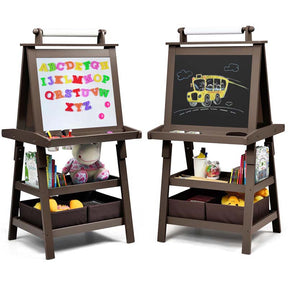 3-in-1 Double-Sided Kids Art Easel, Wooden Toddler Easel with Storage, Magnetic Whiteboard, Chalkboard & Paper Roll for Painting Drawing