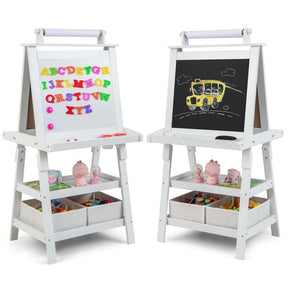 3-in-1 Double-Sided Kids Art Easel, Wooden Toddler Easel with Storage, Magnetic Whiteboard, Chalkboard & Paper Roll for Painting Drawing