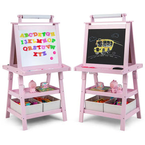 3-in-1 Double-Sided Kids Art Easel, Wooden Toddler Easel with Storage, Magnetic Whiteboard, Chalkboard & Paper Roll for Painting Drawing