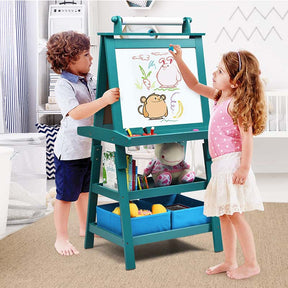 3-in-1 Double-Sided Kids Art Easel, Wooden Toddler Easel with Storage, Magnetic Whiteboard, Chalkboard & Paper Roll for Painting Drawing