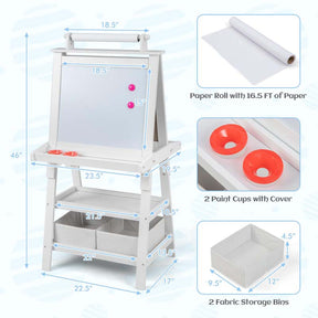 3-in-1 Double-Sided Kids Art Easel, Wooden Toddler Easel with Storage, Magnetic Whiteboard, Chalkboard & Paper Roll for Painting Drawing