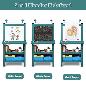 3-in-1 Double-Sided Kids Art Easel, Wooden Toddler Easel with Storage, Magnetic Whiteboard, Chalkboard & Paper Roll for Painting Drawing