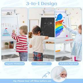 3-in-1 Double-Sided Kids Art Easel, Wooden Toddler Easel with Storage, Magnetic Whiteboard, Chalkboard & Paper Roll for Painting Drawing