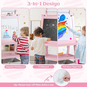 3-in-1 Double-Sided Kids Art Easel, Wooden Toddler Easel with Storage, Magnetic Whiteboard, Chalkboard & Paper Roll for Painting Drawing