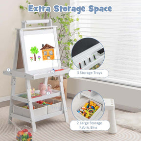 3-in-1 Double-Sided Kids Art Easel, Wooden Toddler Easel with Storage, Magnetic Whiteboard, Chalkboard & Paper Roll for Painting Drawing