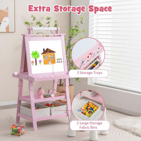 3-in-1 Double-Sided Kids Art Easel, Wooden Toddler Easel with Storage, Magnetic Whiteboard, Chalkboard & Paper Roll for Painting Drawing