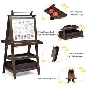 3-in-1 Double-Sided Kids Art Easel, Wooden Toddler Easel with Storage, Magnetic Whiteboard, Chalkboard & Paper Roll for Painting Drawing