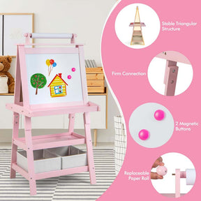 3-in-1 Double-Sided Kids Art Easel, Wooden Toddler Easel with Storage, Magnetic Whiteboard, Chalkboard & Paper Roll for Painting Drawing