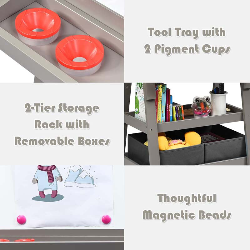 3-in-1 Double-Sided Kids Art Easel, Wooden Toddler Easel with Storage, Magnetic Whiteboard, Chalkboard & Paper Roll for Painting Drawing
