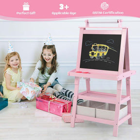 3-in-1 Double-Sided Kids Art Easel, Wooden Toddler Easel with Storage, Magnetic Whiteboard, Chalkboard & Paper Roll for Painting Drawing