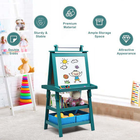 3-in-1 Double-Sided Kids Art Easel, Wooden Toddler Easel with Storage, Magnetic Whiteboard, Chalkboard & Paper Roll for Painting Drawing