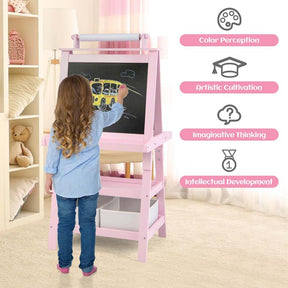 3-in-1 Double-Sided Kids Art Easel, Wooden Toddler Easel with Storage, Magnetic Whiteboard, Chalkboard & Paper Roll for Painting Drawing