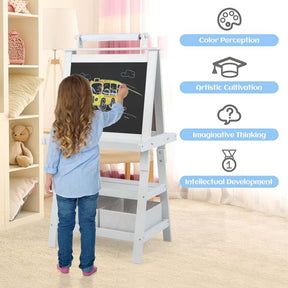 3-in-1 Double-Sided Kids Art Easel, Wooden Toddler Easel with Storage, Magnetic Whiteboard, Chalkboard & Paper Roll for Painting Drawing