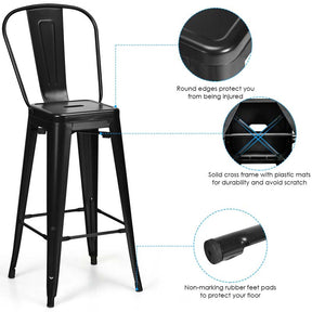 Industrial Stackable Metal Bar Stools Set of 4 with Removable Back & Footrest, 30" High Back Bar Height Chairs for Kitchen Island, Home Pub