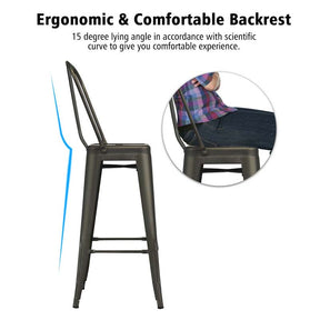 Industrial Stackable Metal Bar Stools Set of 4 with Removable Back & Footrest, 30" High Back Bar Height Chairs for Kitchen Island, Home Pub