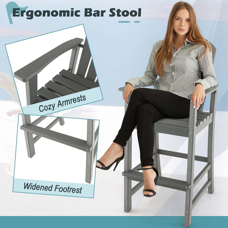 30" Tall Adirondack Bar Chairs, All-Weather HDPE Outdoor Bar Height Stools with Backrest, Armrests & Footrest for Backyard, Poolside