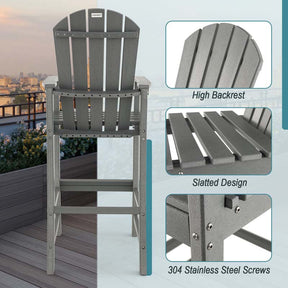 30" Tall Adirondack Bar Chairs, All-Weather HDPE Outdoor Bar Height Stools with Backrest, Armrests & Footrest for Backyard, Poolside