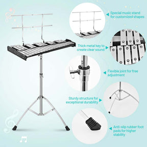 32 Note Professional Glockenspiel Bell Kit, Percussion Xylophone w/ Adjustable Stand, 8" Practice Pad, Mallets, Drumsticks & Bag for Student Beginner
