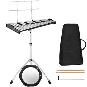 32 Note Professional Glockenspiel Bell Kit, Percussion Xylophone w/ Adjustable Stand, 8" Practice Pad, Mallets, Drumsticks & Bag for Student Beginner