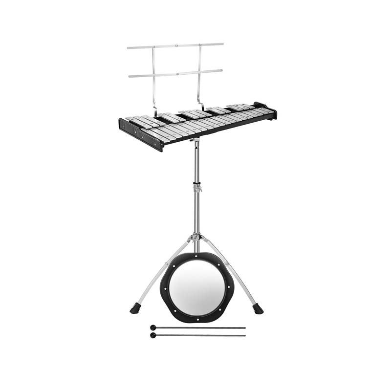 32 Note Professional Glockenspiel Bell Kit, Percussion Xylophone w/ Adjustable Stand, 8" Practice Pad, Mallets, Drumsticks & Bag for Student Beginner