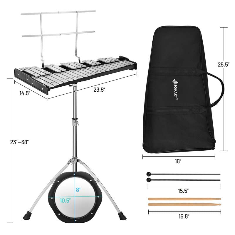 32 Note Professional Glockenspiel Bell Kit, Percussion Xylophone w/ Adjustable Stand, 8" Practice Pad, Mallets, Drumsticks & Bag for Student Beginner
