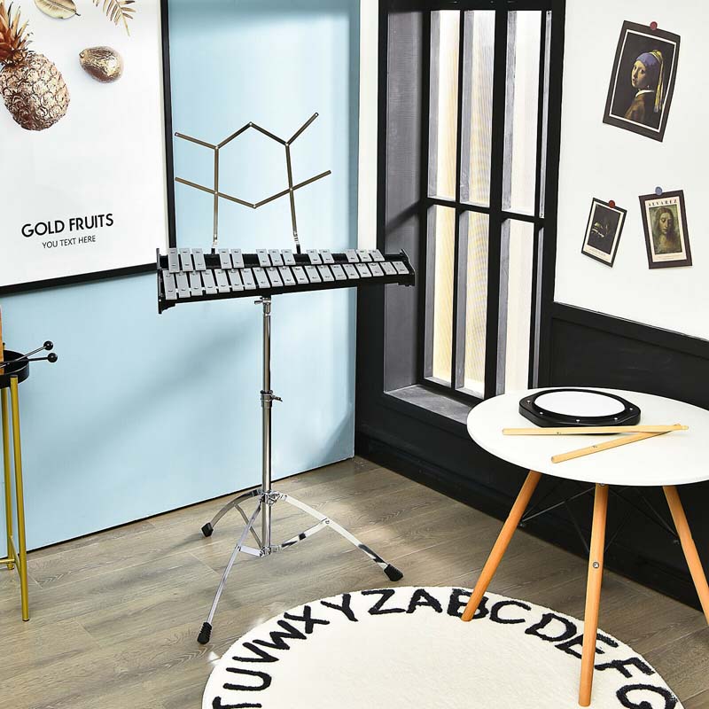 32 Note Professional Glockenspiel Bell Kit, Percussion Xylophone w/ Adjustable Stand, 8" Practice Pad, Mallets, Drumsticks & Bag for Student Beginner