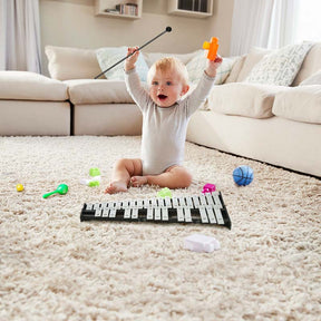 32 Note Professional Glockenspiel Bell Kit, Percussion Xylophone w/ Adjustable Stand, 8" Practice Pad, Mallets, Drumsticks & Bag for Student Beginner