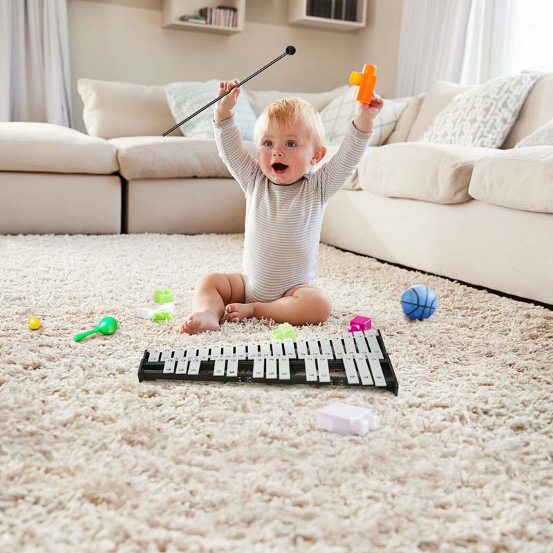 32 Note Professional Glockenspiel Bell Kit, Percussion Xylophone w/ Adjustable Stand, 8" Practice Pad, Mallets, Drumsticks & Bag for Student Beginner