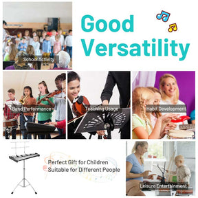 32 Note Professional Glockenspiel Bell Kit, Percussion Xylophone w/ Adjustable Stand, 8" Practice Pad, Mallets, Drumsticks & Bag for Student Beginner