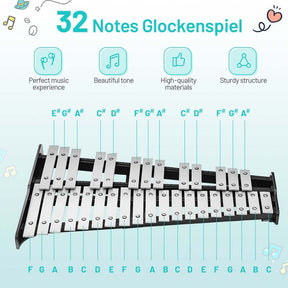 32 Note Professional Glockenspiel Bell Kit, Percussion Xylophone w/ Adjustable Stand, 8" Practice Pad, Mallets, Drumsticks & Bag for Student Beginner