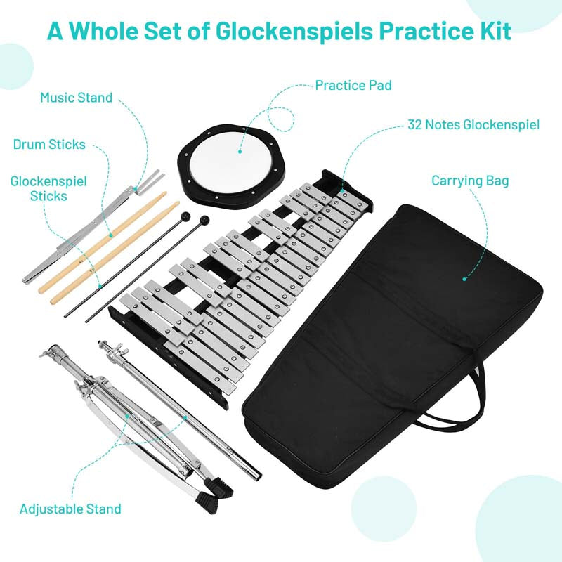 32 Note Professional Glockenspiel Bell Kit, Percussion Xylophone w/ Adjustable Stand, 8" Practice Pad, Mallets, Drumsticks & Bag for Student Beginner