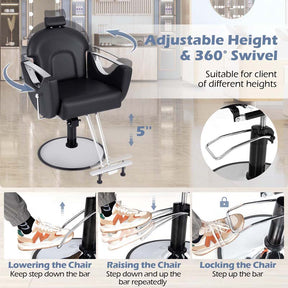 Reclining Barber Chair, 360° Swivel Salon Chair with Heavy Duty Hydraulic Pump, Adjustable Height & Headrest for Hair Styling, Makeup, Tattoo