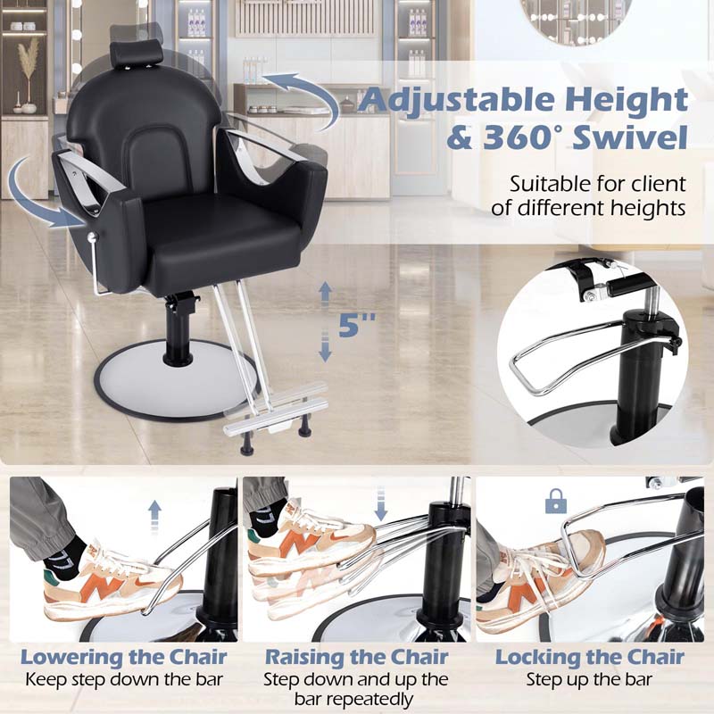 Reclining Barber Chair, 360° Swivel Salon Chair with Heavy Duty Hydraulic Pump, Adjustable Height & Headrest for Hair Styling, Makeup, Tattoo