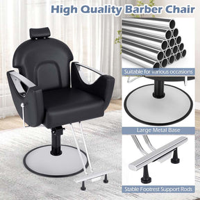Reclining Barber Chair, 360° Swivel Salon Chair with Heavy Duty Hydraulic Pump, Adjustable Height & Headrest for Hair Styling, Makeup, Tattoo