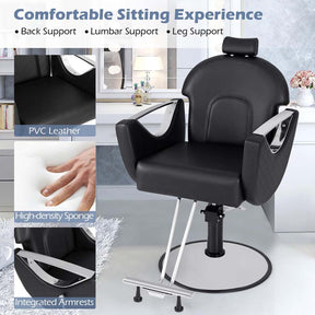 Reclining Barber Chair, 360° Swivel Salon Chair with Heavy Duty Hydraulic Pump, Adjustable Height & Headrest for Hair Styling, Makeup, Tattoo