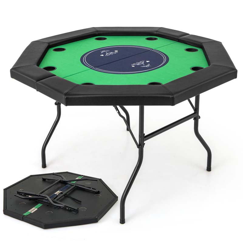 48" Foldable 8-Player Poker Table with Padded Rails, 8 Cup Holders, Casino-Grade Felt Surface for Texas Holdem, Blackjack & Card Board Game