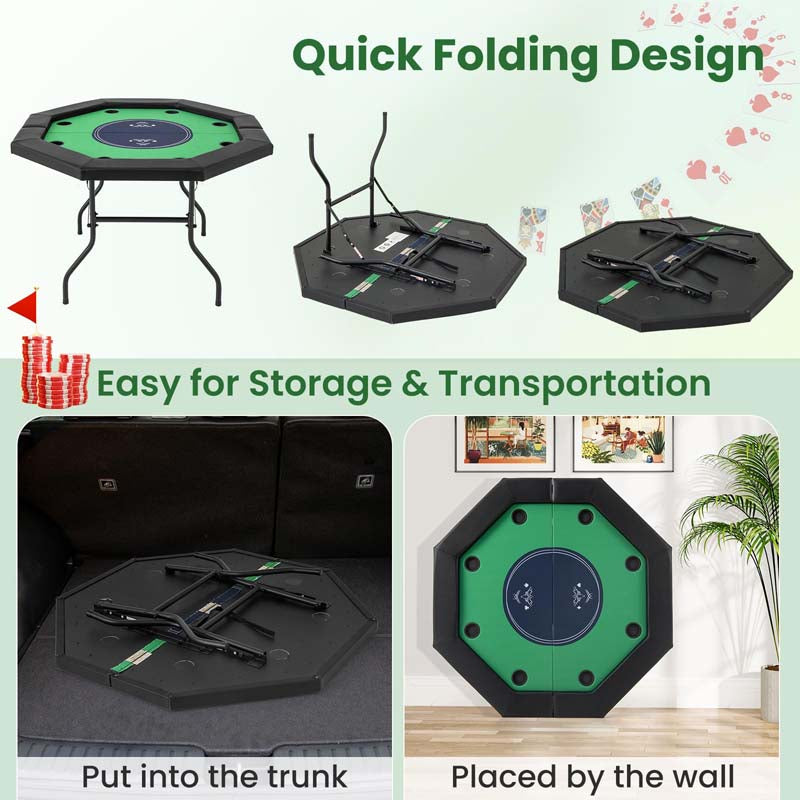 48" Foldable 8-Player Poker Table with Padded Rails, 8 Cup Holders, Casino-Grade Felt Surface for Texas Holdem, Blackjack & Card Board Game