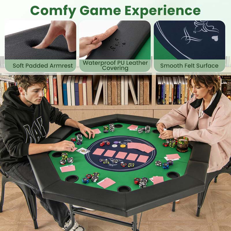 48" Foldable 8-Player Poker Table with Padded Rails, 8 Cup Holders, Casino-Grade Felt Surface for Texas Holdem, Blackjack & Card Board Game