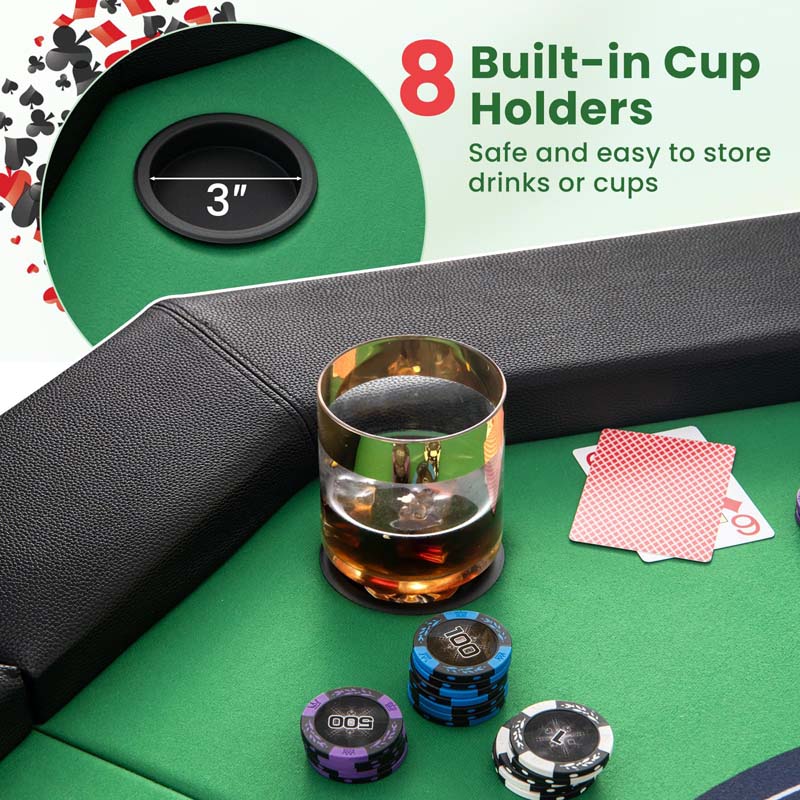 48" Foldable 8-Player Poker Table with Padded Rails, 8 Cup Holders, Casino-Grade Felt Surface for Texas Holdem, Blackjack & Card Board Game