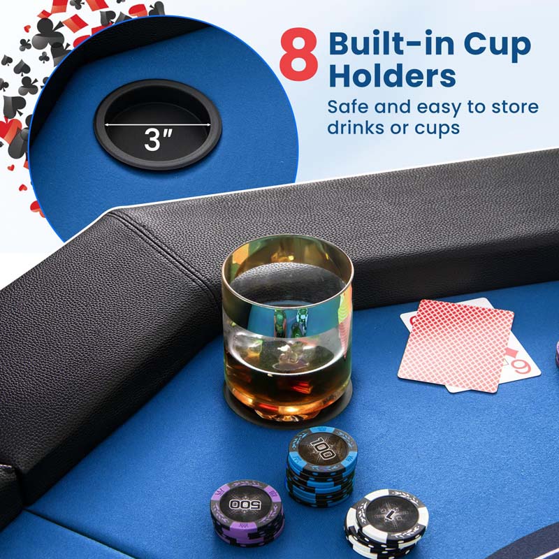 48" Foldable 8-Player Poker Table with Padded Rails, 8 Cup Holders, Casino-Grade Felt Surface for Texas Holdem, Blackjack & Card Board Game