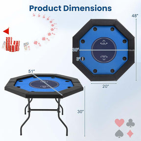 48" Foldable 8-Player Poker Table with Padded Rails, 8 Cup Holders, Casino-Grade Felt Surface for Texas Holdem, Blackjack & Card Board Game