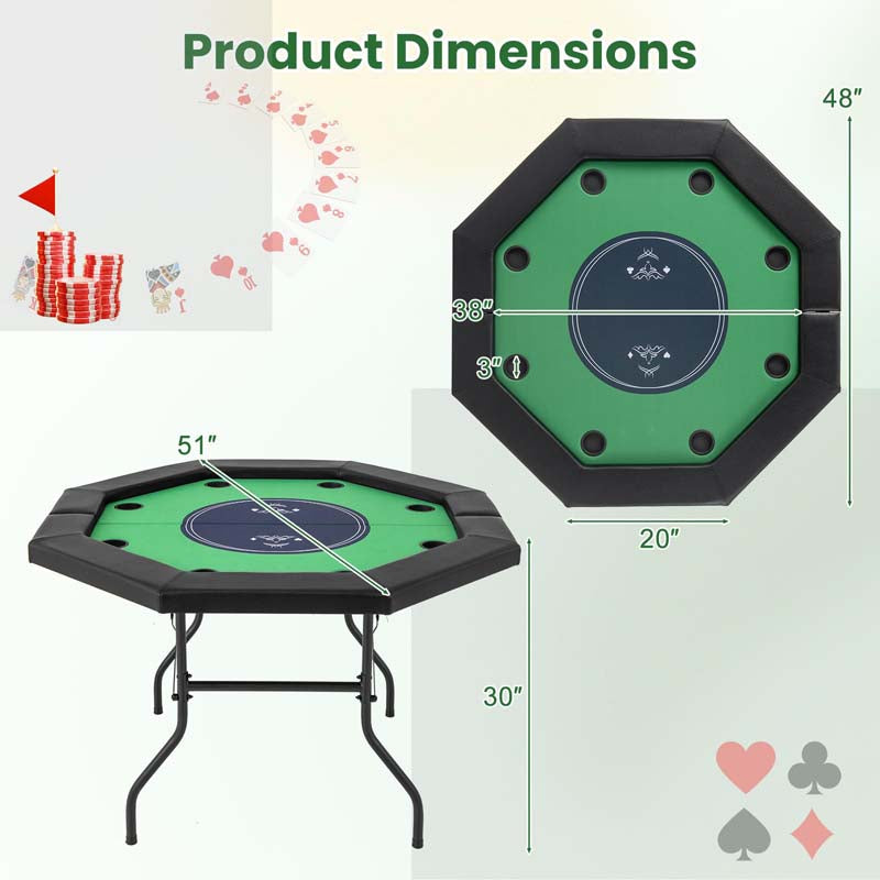 48" Foldable 8-Player Poker Table with Padded Rails, 8 Cup Holders, Casino-Grade Felt Surface for Texas Holdem, Blackjack & Card Board Game
