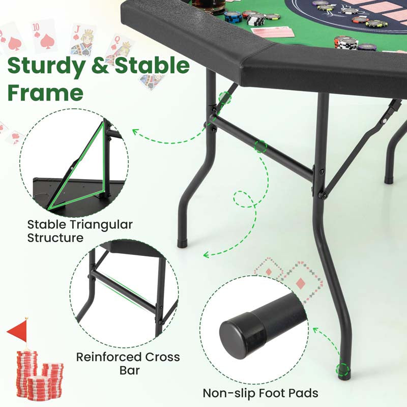 48" Foldable 8-Player Poker Table with Padded Rails, 8 Cup Holders, Casino-Grade Felt Surface for Texas Holdem, Blackjack & Card Board Game