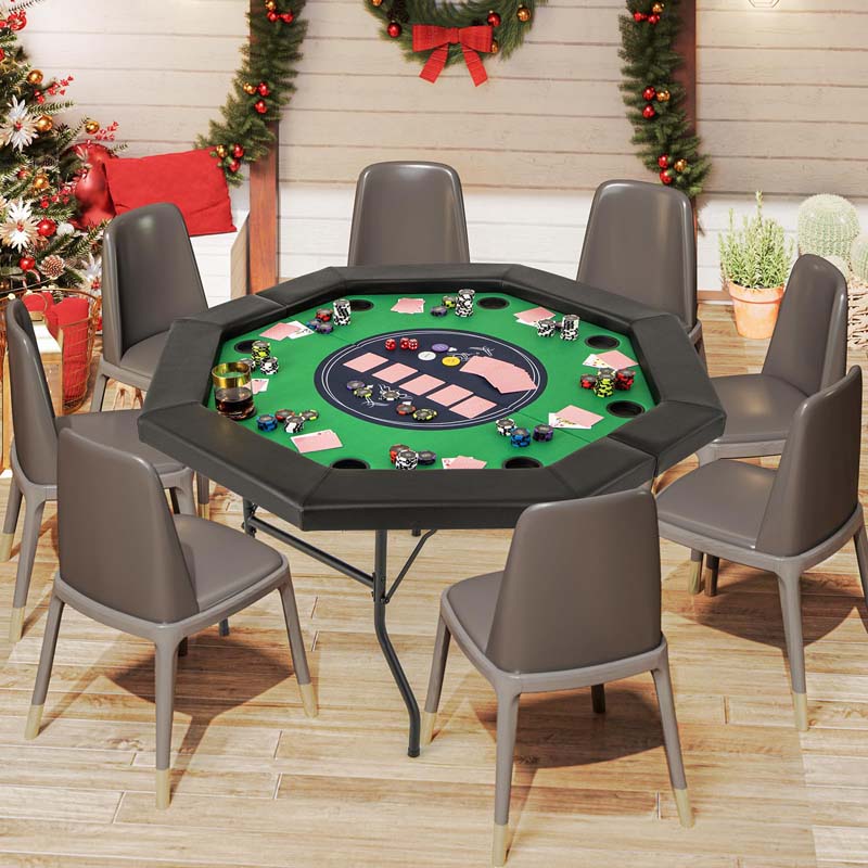 48" Foldable 8-Player Poker Table with Padded Rails, 8 Cup Holders, Casino-Grade Felt Surface for Texas Holdem, Blackjack & Card Board Game