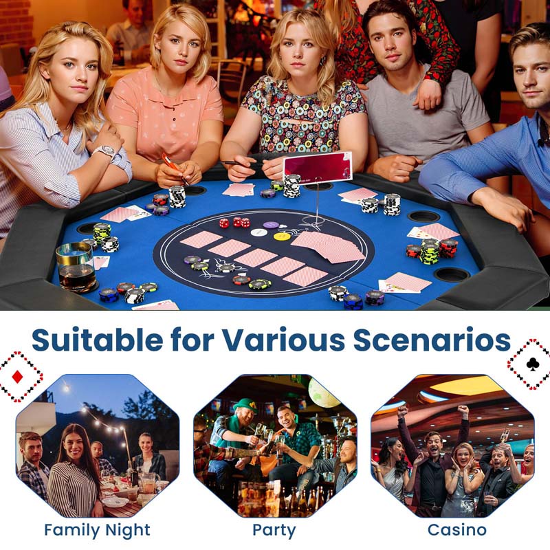 48" Foldable 8-Player Poker Table with Padded Rails, 8 Cup Holders, Casino-Grade Felt Surface for Texas Holdem, Blackjack & Card Board Game