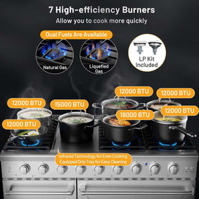 48" Freestanding Dual Fuels Natural Gas Range with 7 Burners Cooktop & Double Convection Ovens, Storage Drawer