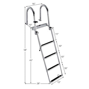 4-Step Folding Pontoon Boat Ladder with Pedal Handrail, Stainless Steel Telescoping Swimming Pool Deck Ladder for Yacht Marine